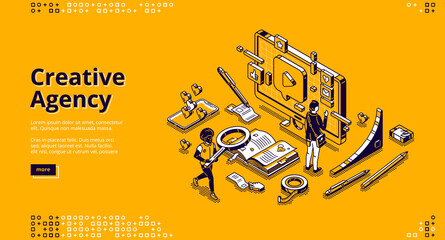 Creative agency banner. Creative strategy of digital design for promotion and advertising company in social media. Vector landing page with isometric working people, computer and smartphone