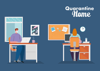 stay home work home, couple protect yourself working at home, stay home on quarantine during the coronavirus vector illustration design