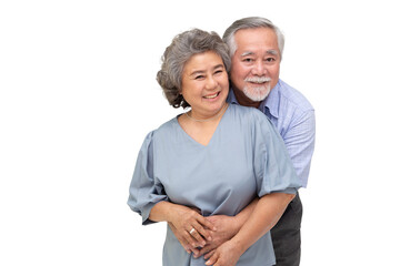 Asian senior couple hugging together isolated over white background