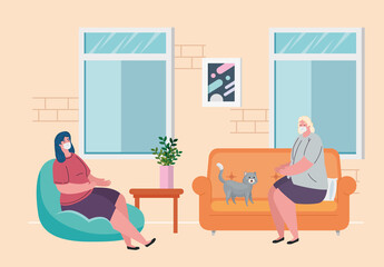 stay home, women wearing medical mask, quarantine or self isolation vector illustration design