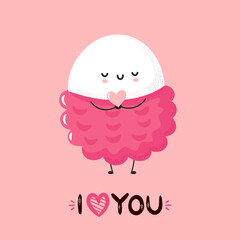 Cute smiling lychee holding heart in hands
