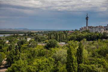 Fototapeta na wymiar Aerial view of the Galati city in summer season and Television Tower, Romania
