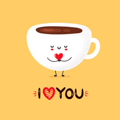 Cute cup of coffee or tea holding heart in hands