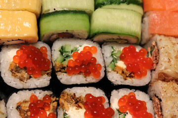 Rolls with caviar, cucumber and cheese are on the dishes. Different sushi dishes