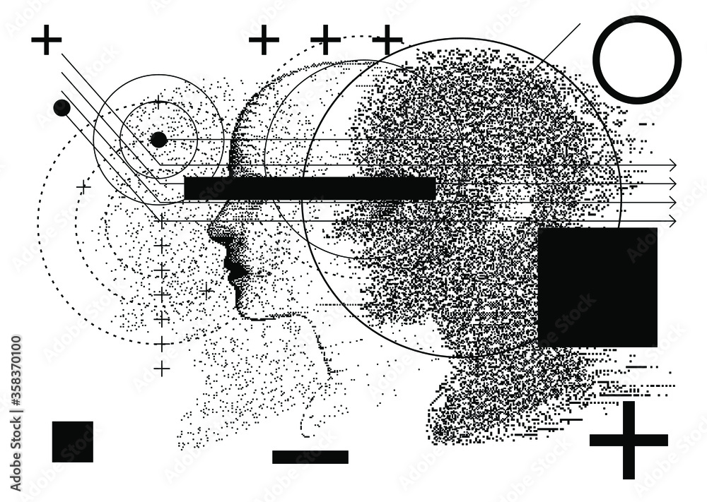 Poster artificial intelligence and virtual reality concept. 3d human head made of pixels.