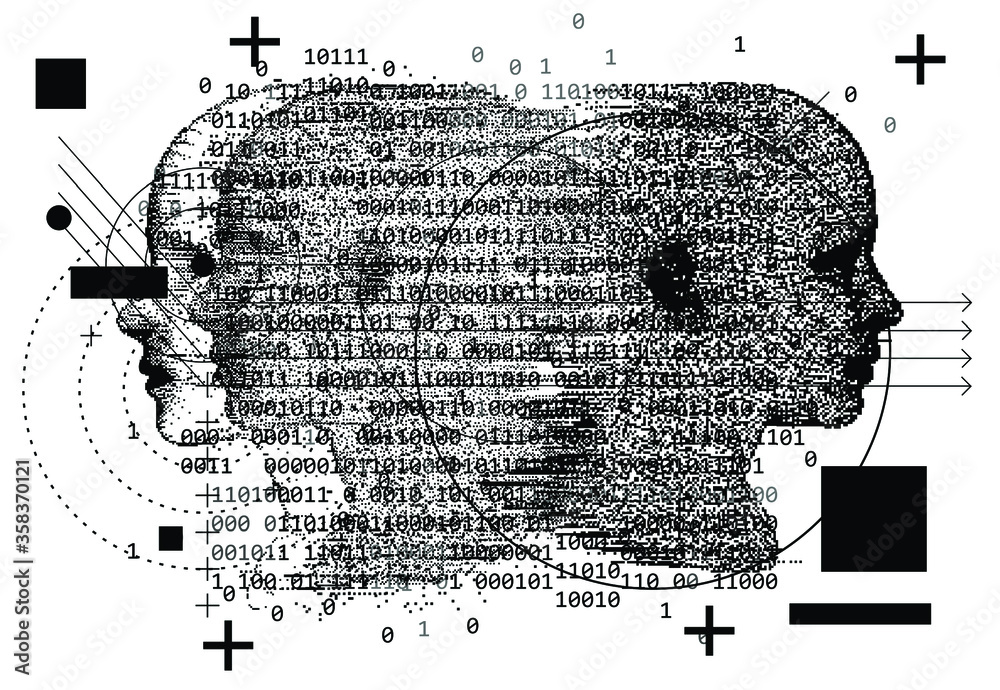 Poster artificial intelligence and virtual reality concept. 3d human head made of pixels.