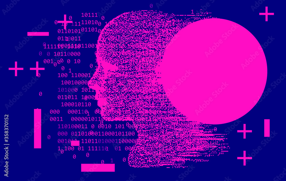 Poster artificial intelligence and virtual reality concept. 3d human head made of pixels.