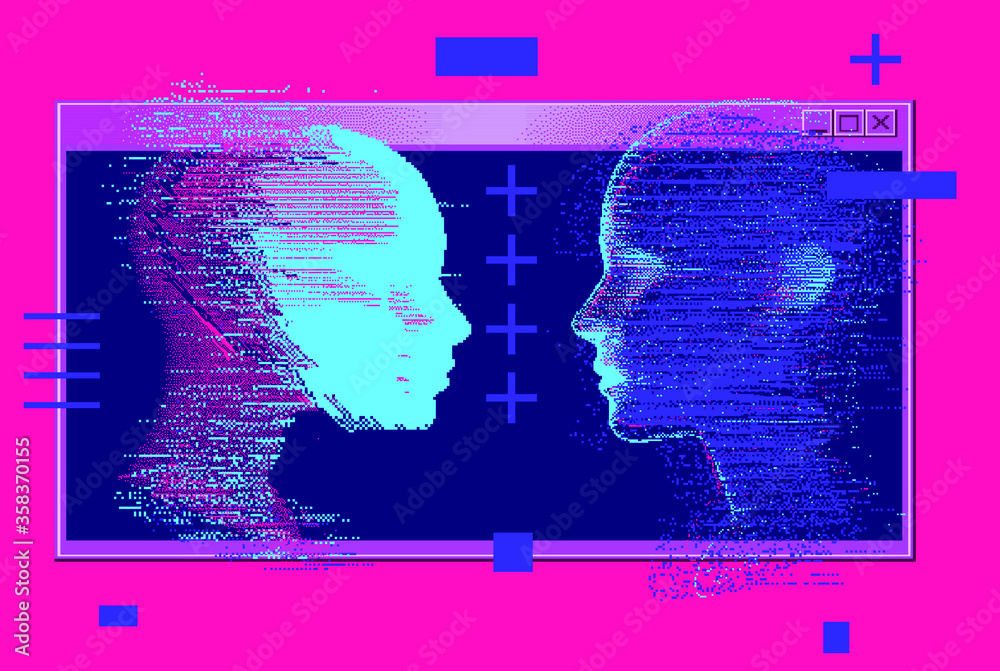 Poster artificial intelligence and virtual reality concept. 3d human head made of pixels in neon vivid colo