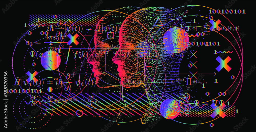 Poster artificial intelligence and virtual reality concept. 3d human head made of pixels in neon holographi