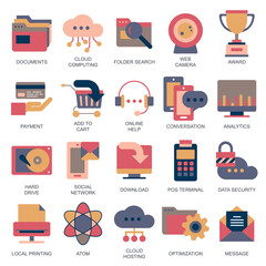 Business and marketing, programming, data management, internet connection, social network, computing, information. Flat vector illustration