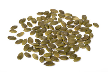 raw pumpkin seeds isolated on a white background. proper nutrition and weight loss