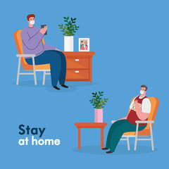 stay home, men wearing medical mask, quarantine or self isolation vector illustration design
