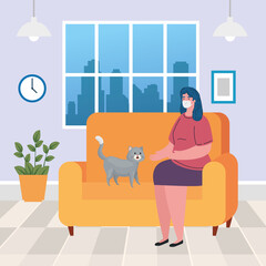 stay home, woman wearing medical mask in living room, quarantine or self isolation vector illustration design