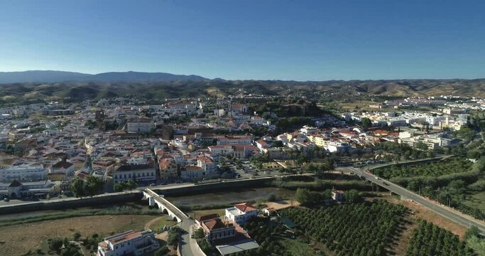 Algarve destination region, town of Silves and Castle aerial, one of the best preserved Moorish fortifications in Portugal.