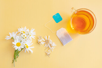 The concept of the stages of preparation of chamomile tea. Fresh and dried chamomile flowers, a tea bag and a translucent cup of tea. Minimalism, top view, flat lay.