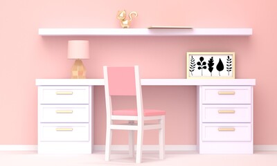Home workplace interior with white furniture and a pink wall. Front view. 3d rendering