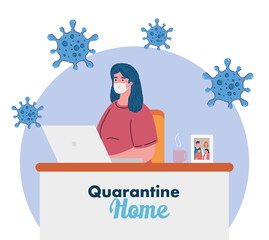 stay home work home, woman protect yourself working at home, stay home on quarantine during the coronavirus vector illustration design
