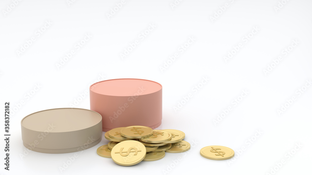 Poster 2nd cylindrical boxes in multiple sizes, pastel colors and gold coins on the floor and white backgro