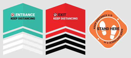 Please keep safe distance sign to help reduce the spread of covid-19 coronavirus. Respect physical distancing 6 feet or 2 meters floor sticker for entrance, exit, stand in the stores or supermarkets