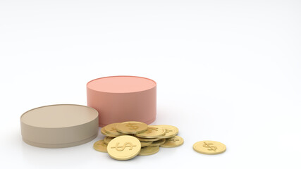 2nd cylindrical boxes in multiple sizes, pastel colors and gold coins On the floor and white background, semi-reflective, with the concept of gift box package 3d rendering