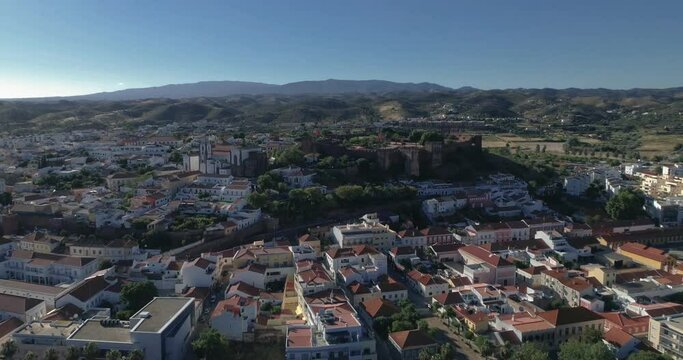 Algarve destination region, town of Silves and Castle aerial, one of the best preserved Moorish fortifications in Portugal.