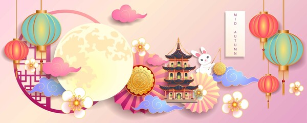 Mid autumn festival / Chinese festival with the moon, moon cake, cloud, rabbit, pagoda, lantern, blow and flowers on color paper. Vector illustration © Pawan