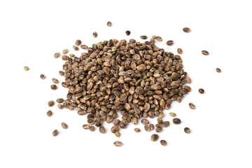 raw hemp seeds isolated on a white background. healthy lifestyle. weight loss and proper nutrition