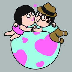 Couple With Their Long Distance Hugs Concept Card Character illustration