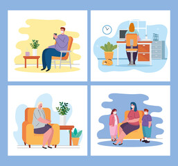 Fototapeta premium stay home, set scenes people, quarantine or self isolation vector illustration design