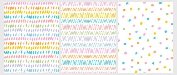 Set of 3 Hand Drawn Irregular Geometric Patterns. Colorful Freehand Wavy Lines, Polka Dots and Spots Isolated on a White Background. Cute Infantile Style Illustration. Infantile Style Scribbles Print. - obrazy, fototapety, plakaty