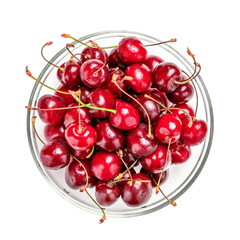 Obraz na płótnie Canvas Red cherries in glass bowl isolated on white background. Fresh sweet cherry berry, top view