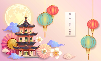 Mid autumn festival / Chinese festival with the moon, moon cake, cloud, blow, pagoda, lantern and flowers on color paper. Vector illustration © Pawan