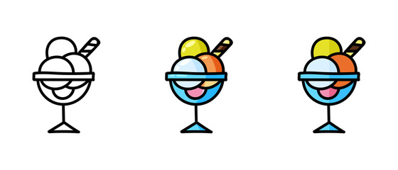 This is a set of icons with different style of ice cream balls. Contour and color symbols of ice cream balls. Freehand drawing. Stylish web site solution.