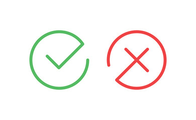 Check mark icons. Green tick symbol and red x sign in circle. Icons for evaluation quiz. Vector.