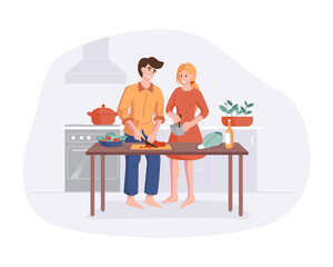 Family prepares dinner together at the kitchen table. Parents smiling while cooking in kitchen at home. Man and woman cartoon character making lunch. Vector flat colorful smiling people