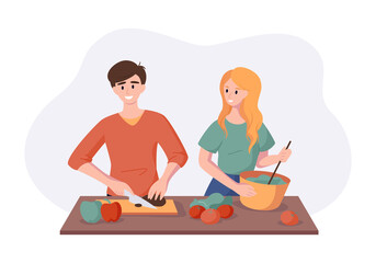 Cooking healthy dinner together of vegetables and fruits. Man and woman couple preparing food isolated on white in flat style. Vector illustration concept
