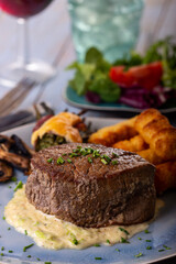 closeup of a steak on a plate