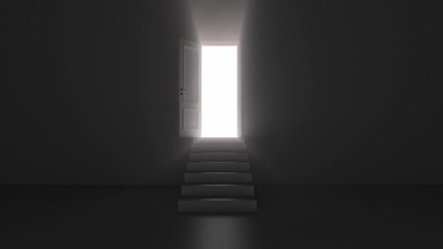 shine of an open door with steps in a dark room