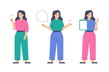 Girl is making a thumb up gesture. Happy young woman raises her hand with sign ok and speech bubble. Presentation concept. Human character vector illustration.