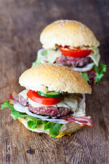home made hamburger on rustic wood