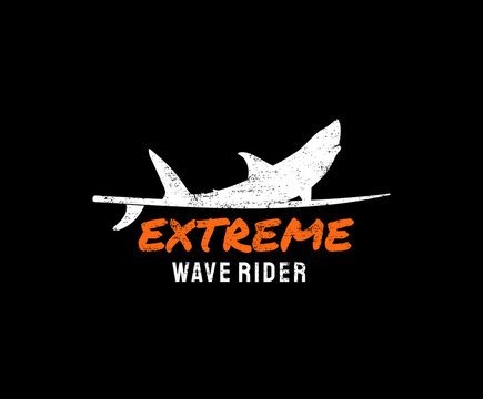 Extreme Shark Surfing t-shirt and apparel design, Typography Surfing fashion print design with shark and surfboard shape.