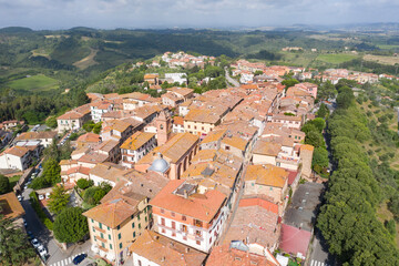 aerial view of the tourist town of montaione on the tuscan hills