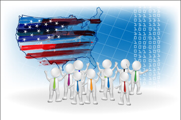 3D business people with a USA flag watercolor map vector