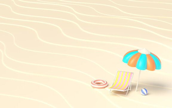 Summer coast in the daytime Beach chair with umbrellas and rubber rings. white sand and the seashore in the day time. background wallpaper and copy space. 3d illustrator