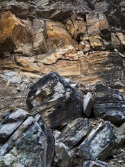 Gray and brown limestone rock, limestone quarry, close up