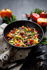 Healthy vegetarian salad with fresh vegetables and herbs in a black bowl close up view