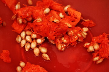 Halloween pumpkin guts, with seeds un roasted, intestents, orange, gore, tasty horror, abstract,...
