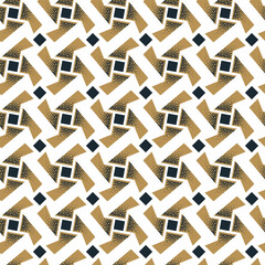 Abstract seamless pattern of rotating geometric shapes with dots texture.