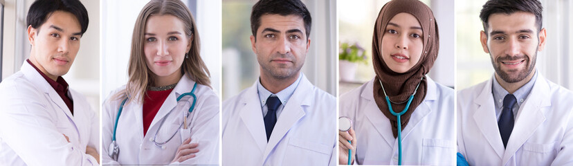 Collage of portraits of an doctor diverse and mixed age group of focused doctor and Scientist.