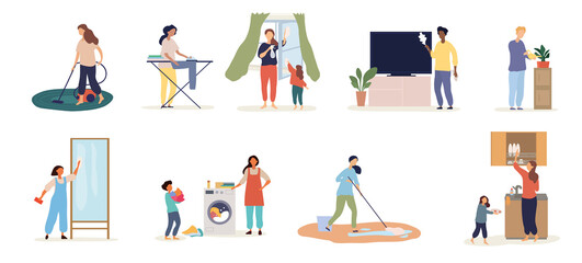 Set of 9 scenarios of people doing housework cleaning the house, washing, gardening, cleaning windows , ironing with men and women with kids, colored vector illustration